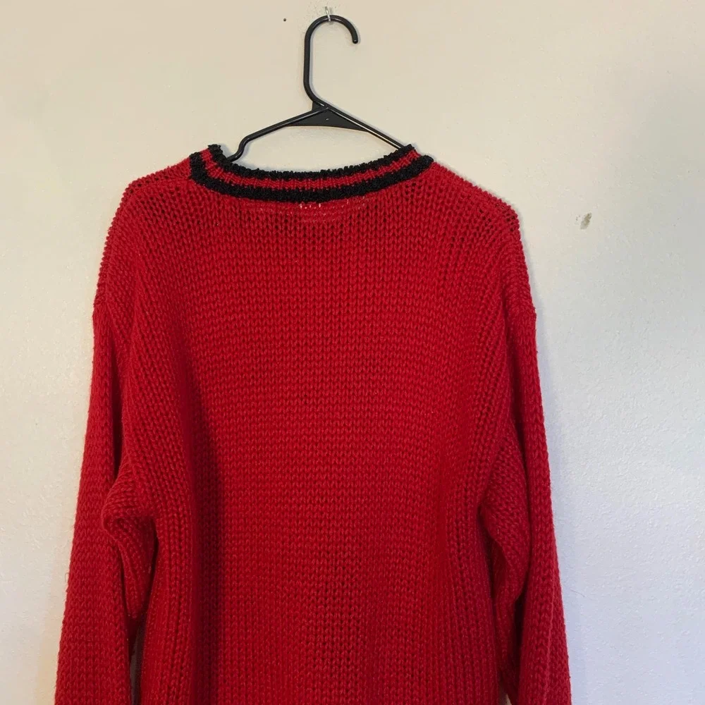 Vintage 1980s Teddy Bear Knit Sweater Hand Knit Red Black Novelty Pullover XL 18 - Picture 12 of 16